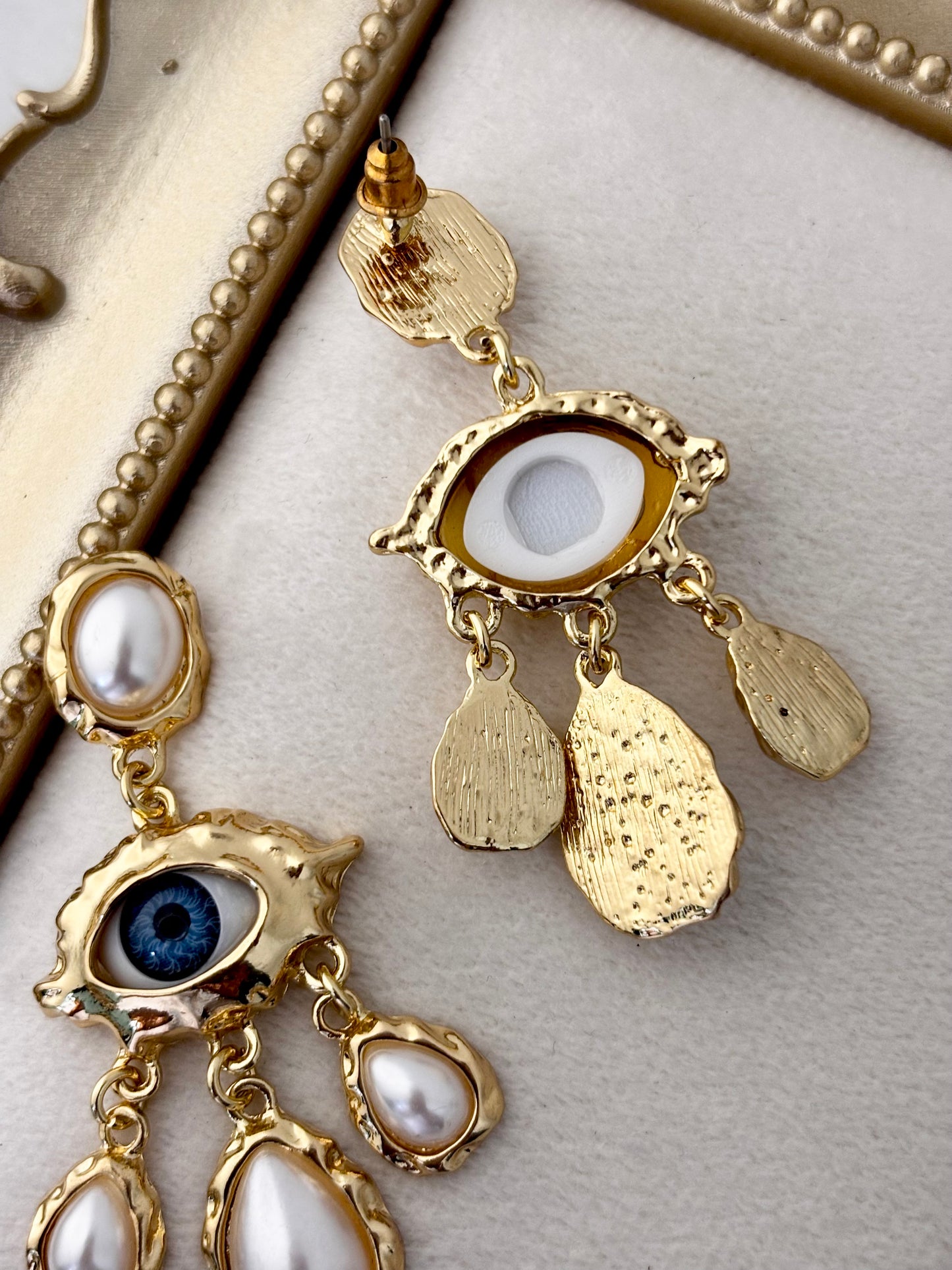 Pearl Evil Eye Statement Dangle Earrings | Anti Tarnish Gold Plated