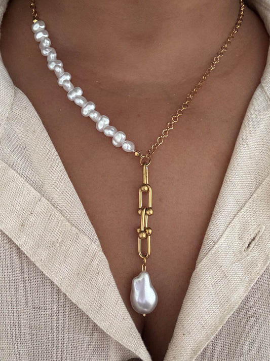 Half Pearl Lariat Necklace