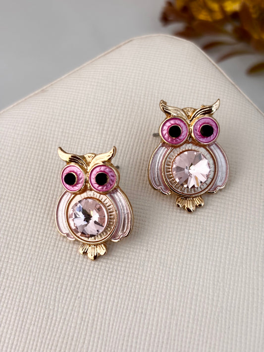 Pink Owl Stud Earrings for Women | Anti-Tarnish Gold Plated Zircon Enamel Earrings