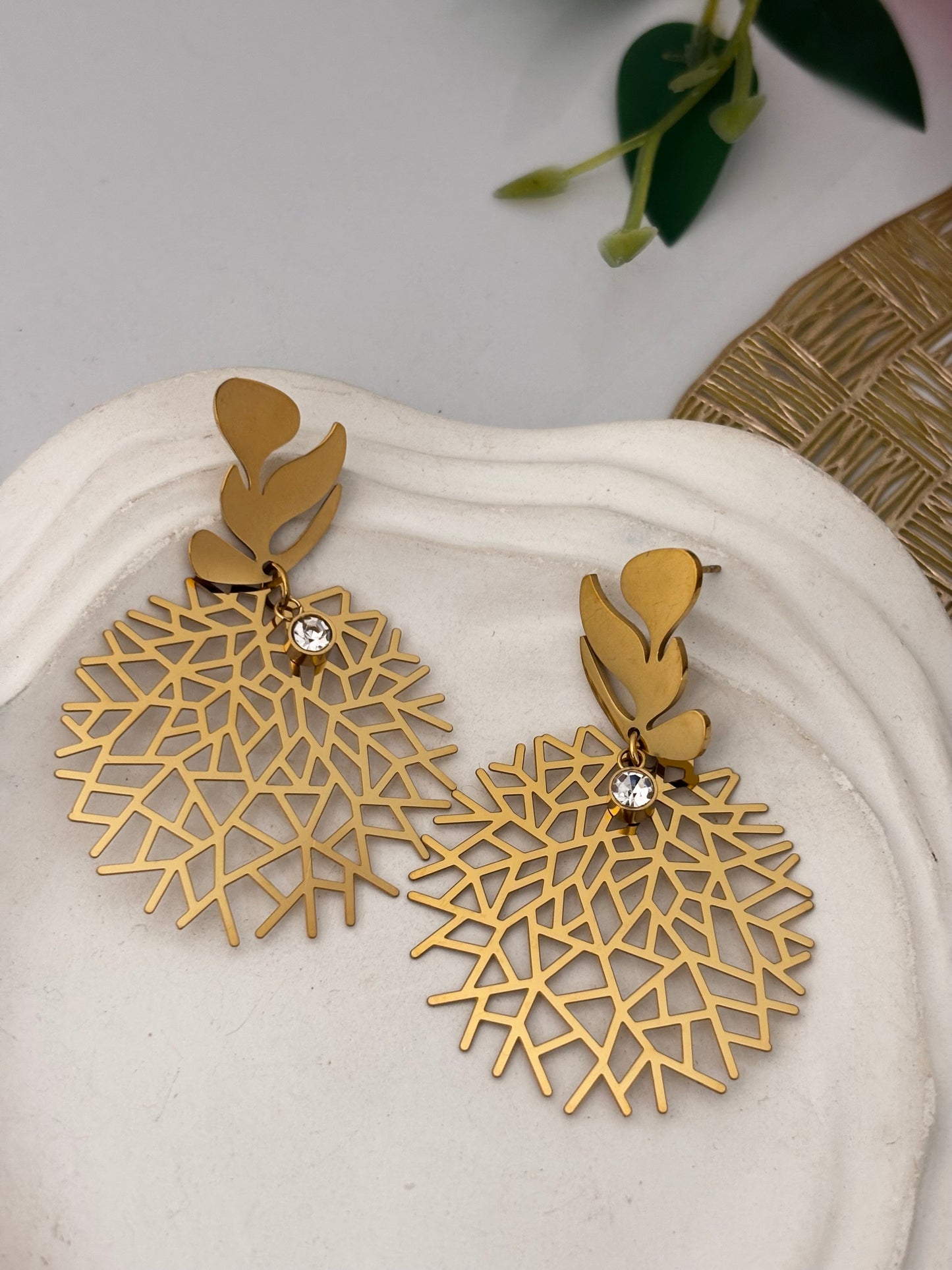 Golden Leaf Filigree Statement Earrings for Women