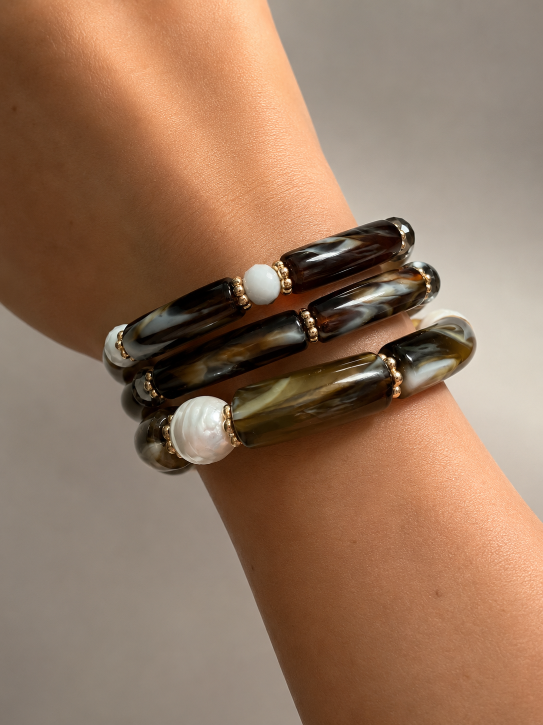 3 Piece Mocha Pearl Acrylic Bracelet Stack | All size
