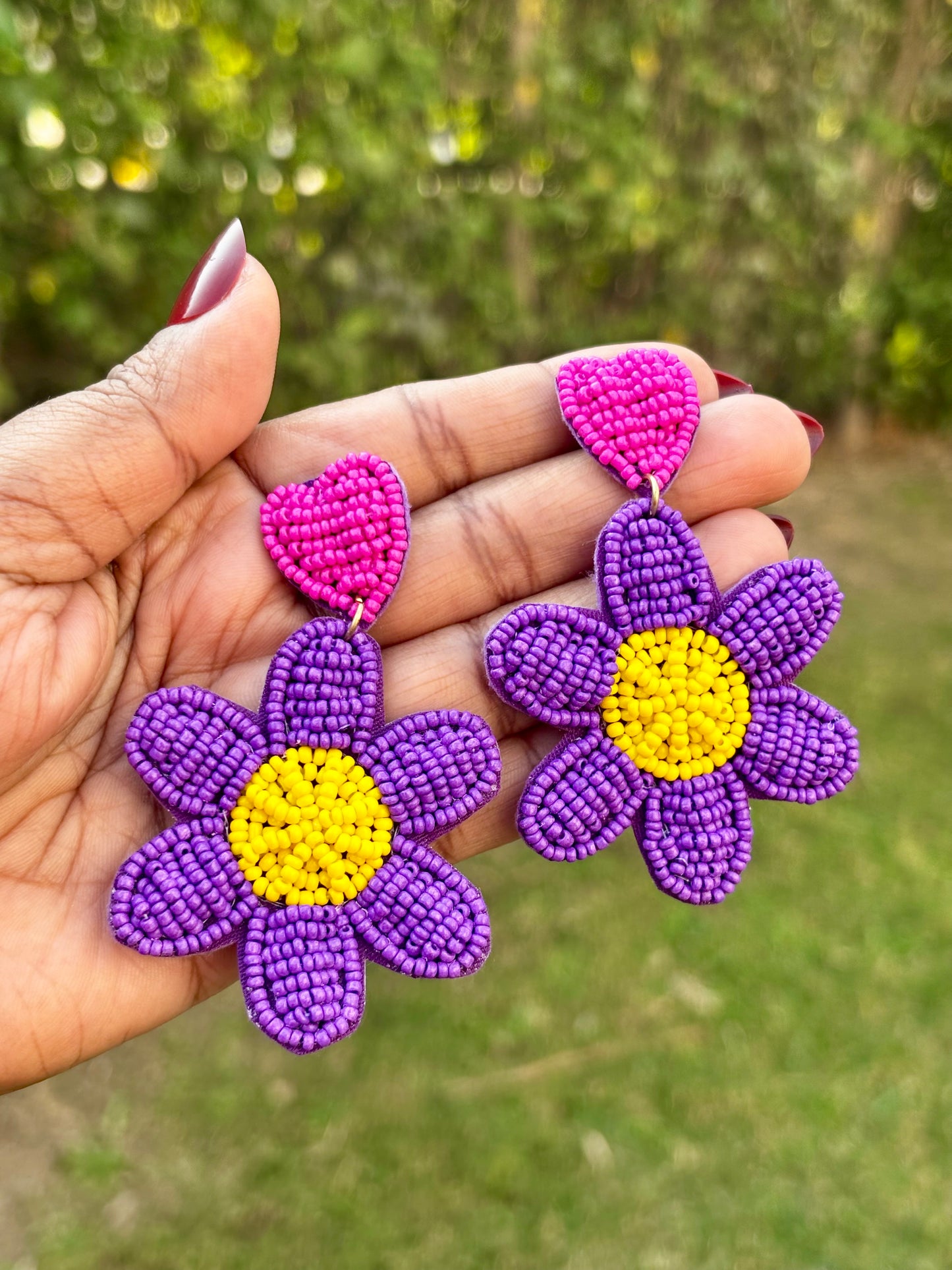Handmade Purple Daisy Beaded Statement Earrings
