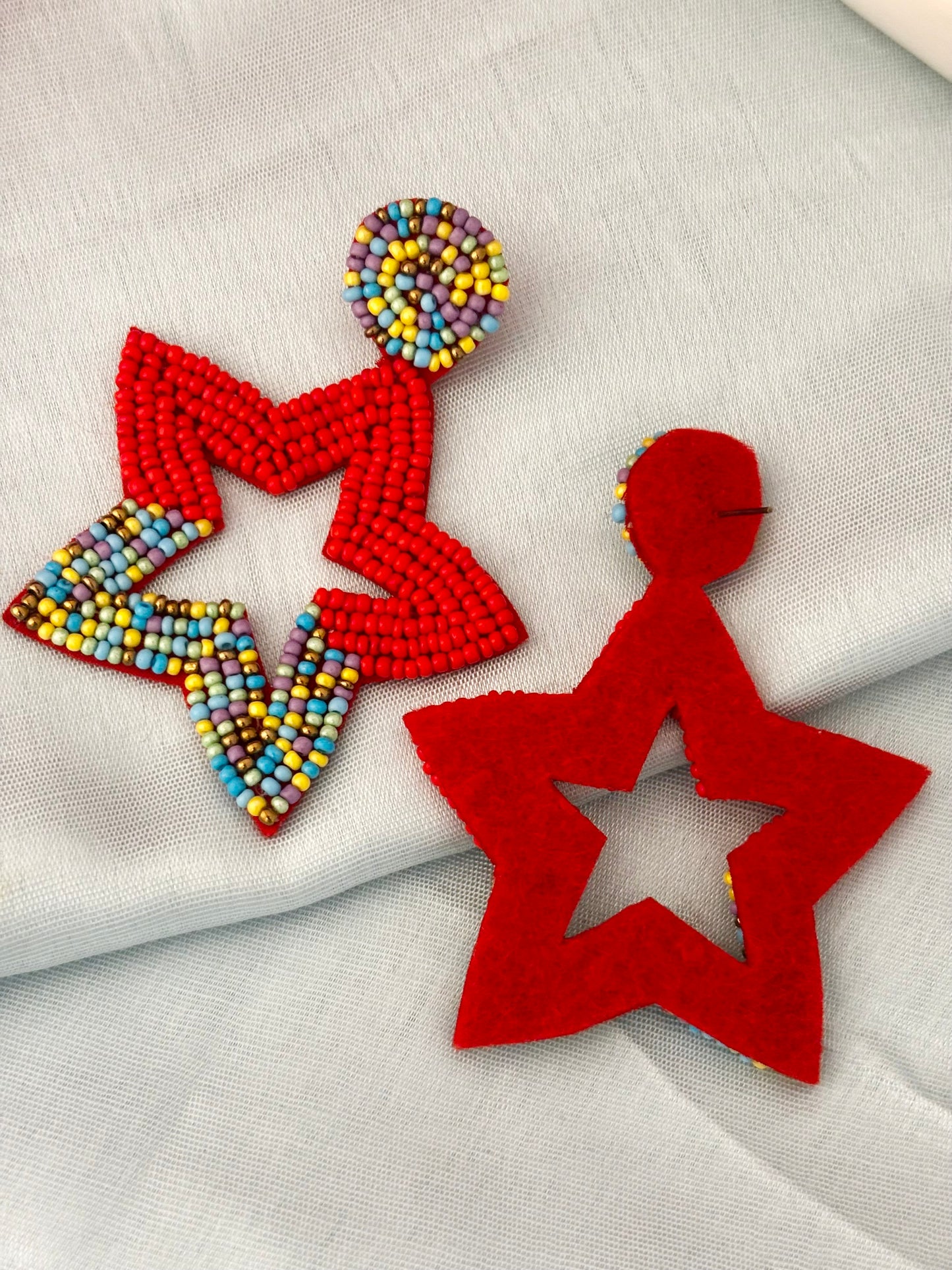Red Beaded Star Statement Earrings