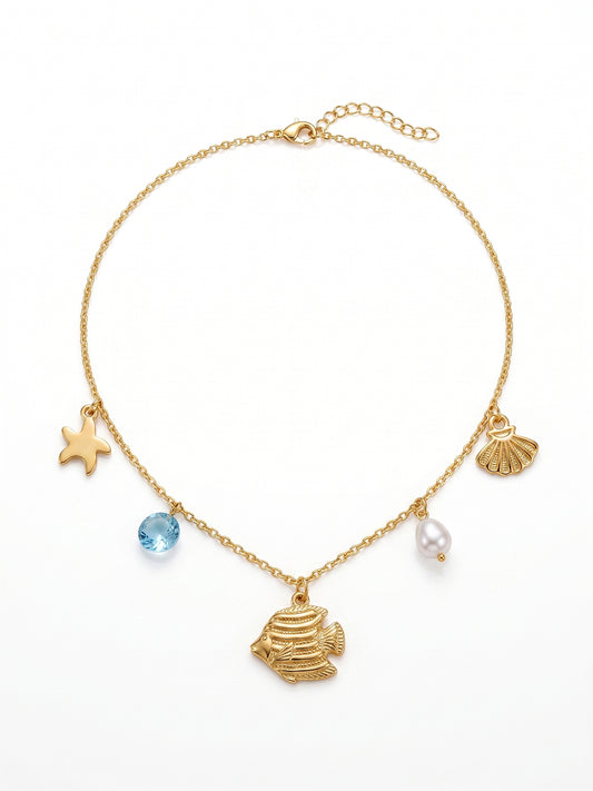 Fishy Beach Charms Necklace | 18k Gold Plated Waterproof
