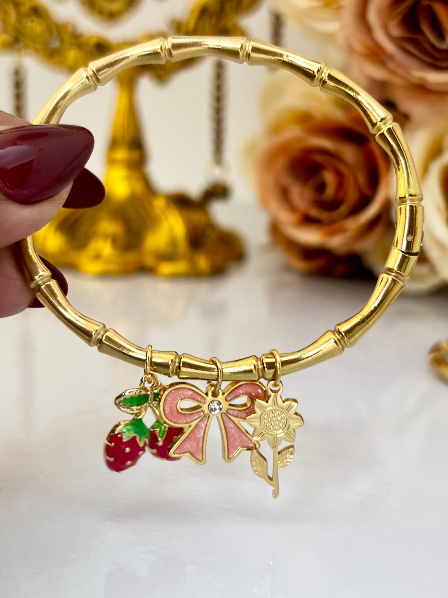 Bow & Strawberry Charm Kada Bracelet | Anti Tarnish
