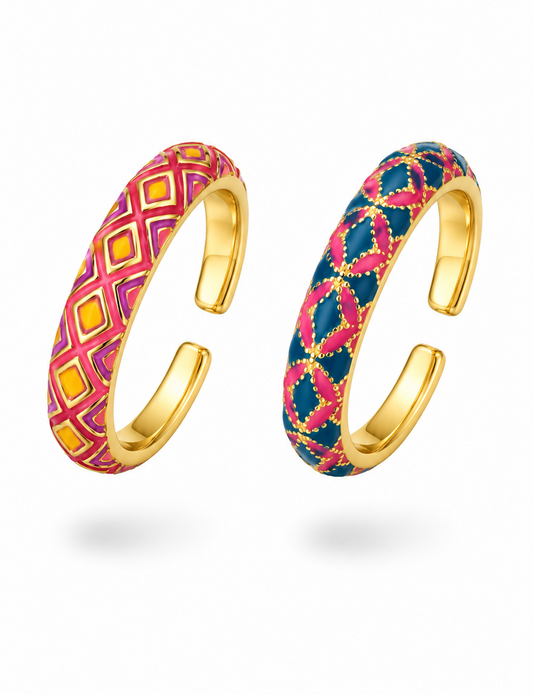 Mosaic Muse Duo Enamel Ring Set of 2 | Adjustable Base