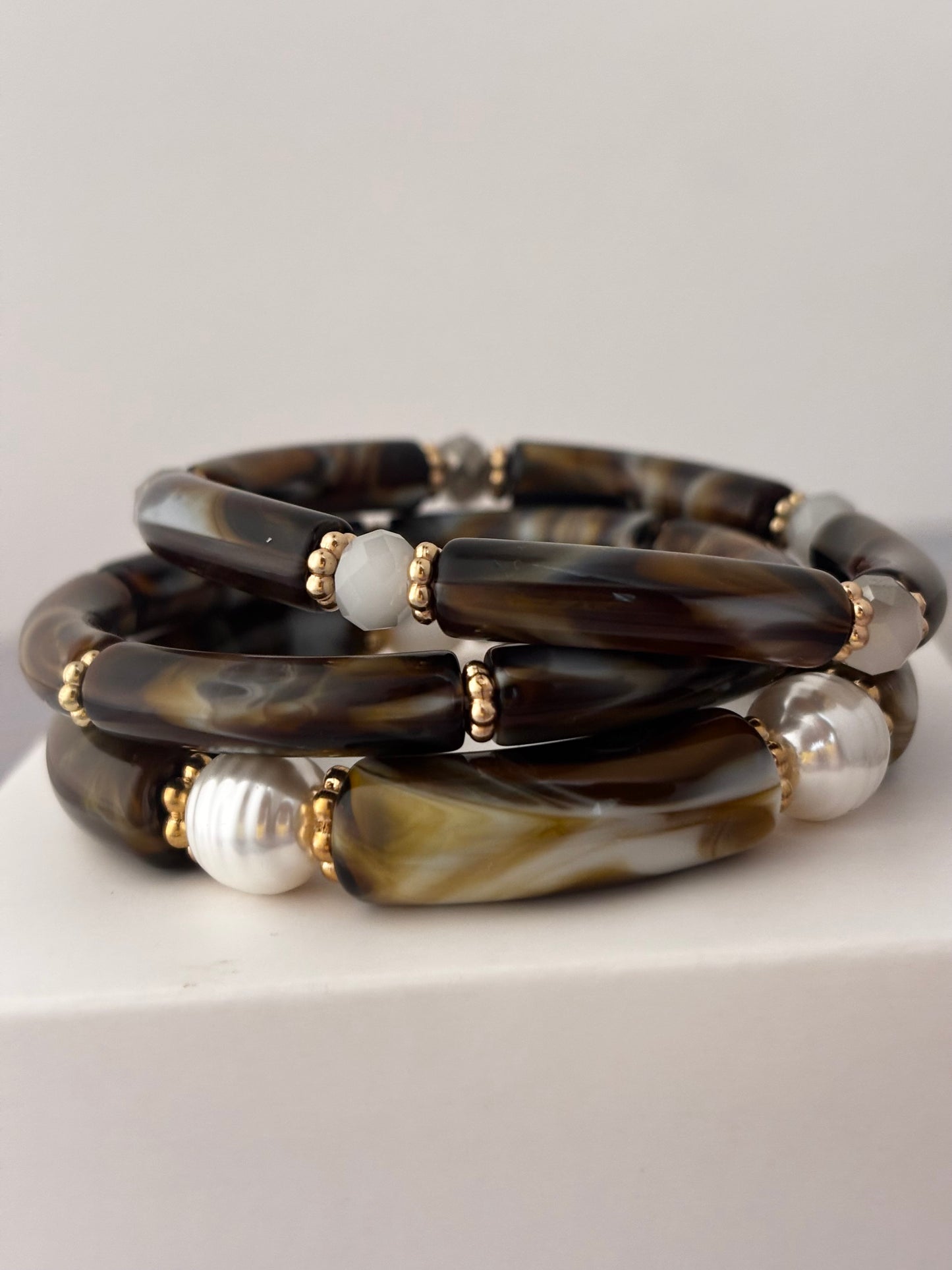 3 Piece Mocha Pearl Acrylic Bracelet Stack | All size