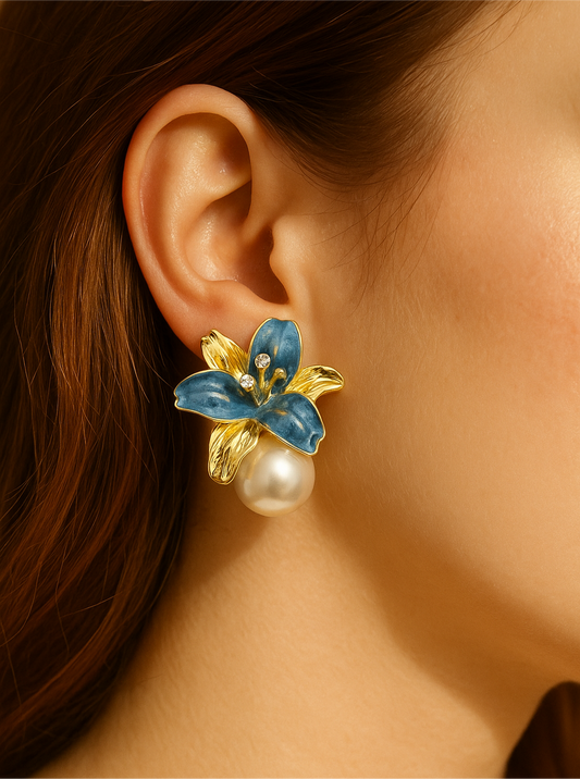 Blue Enamel Flower Pearl Earrings | Anti-Tarnish Gold Plated Studs