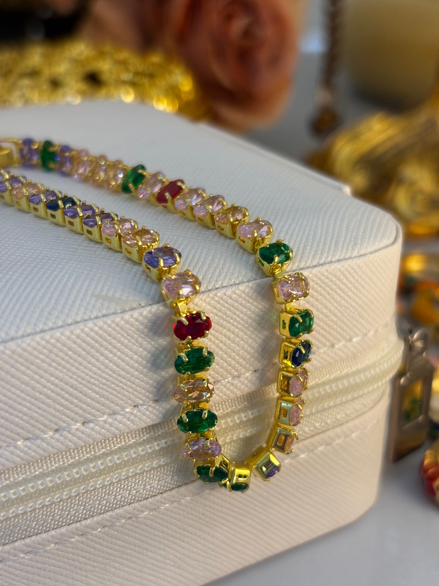 Multicoloured Oval Cut CZ Gold Tennis  Bracelet