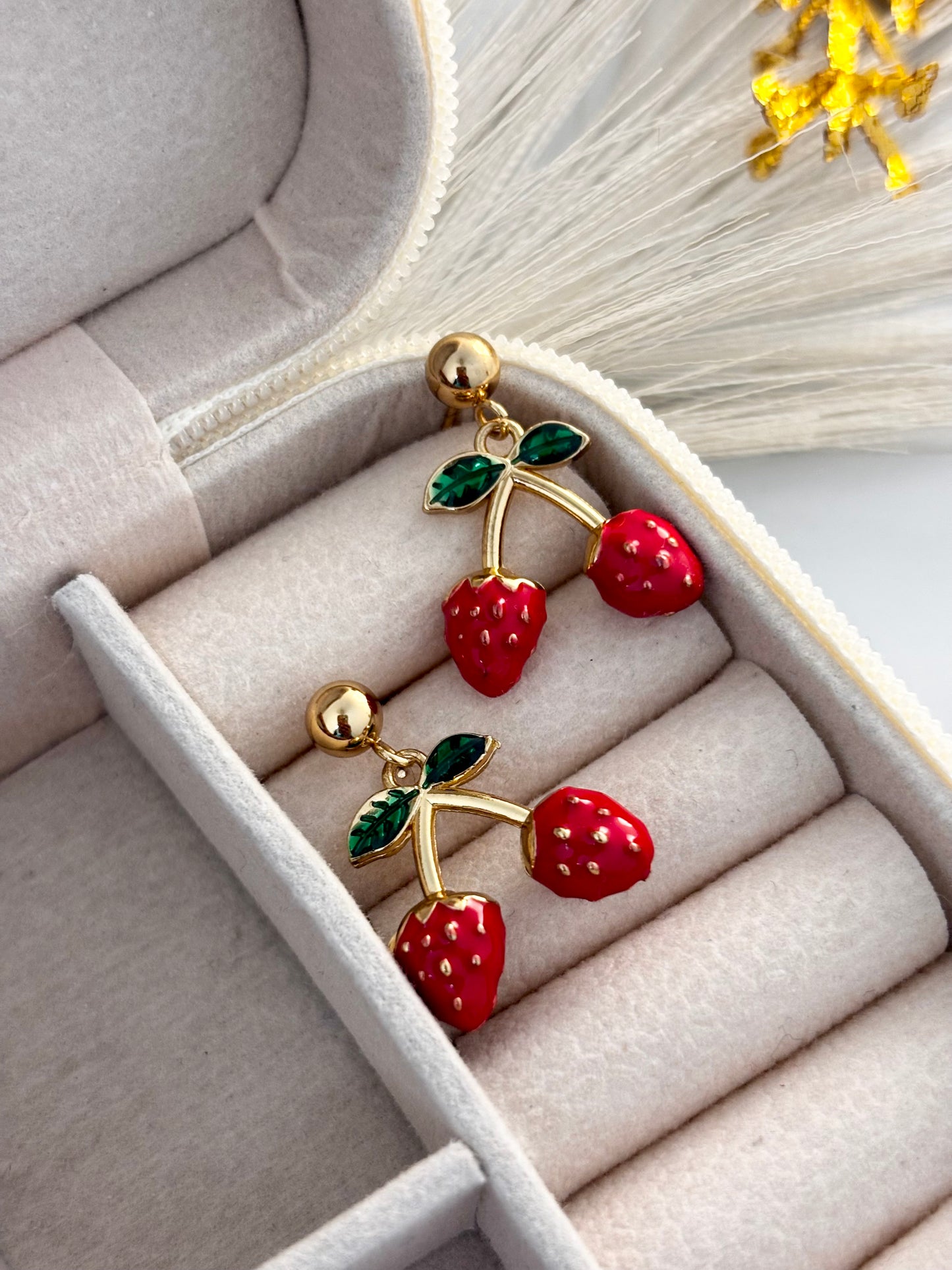 Playful Strawberry Dangle Earrings | Anti Tarnish Gold Plated
