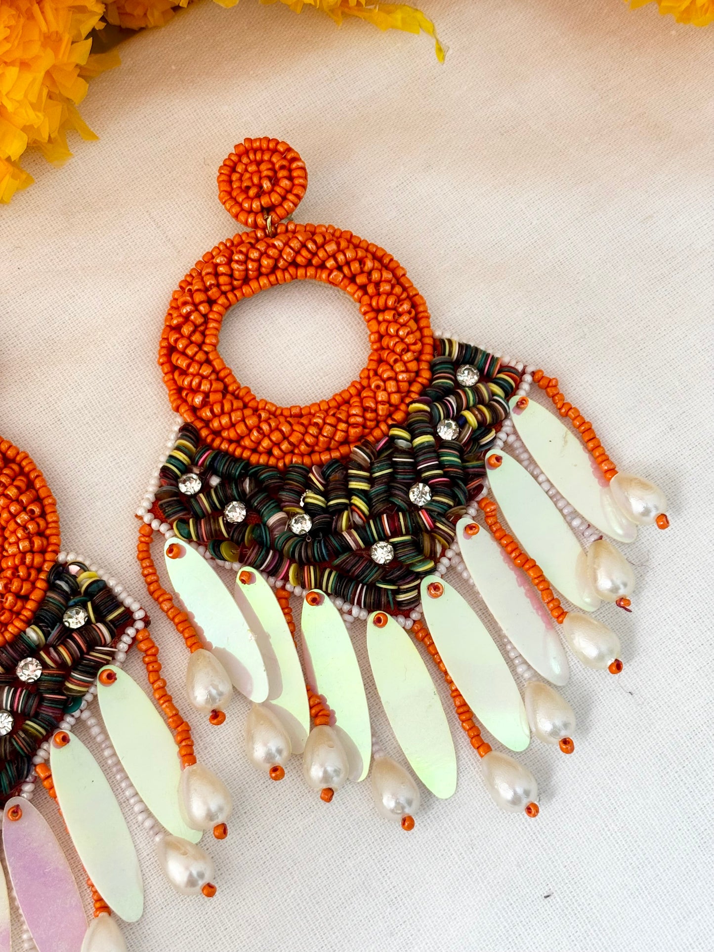 Handmade Orange Boho Tassel Beaded Statement Earrings
