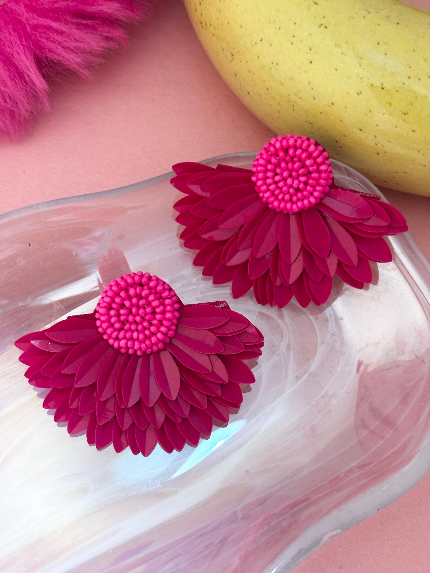 Fushia Beaded Petal Flower Handmade Earrings