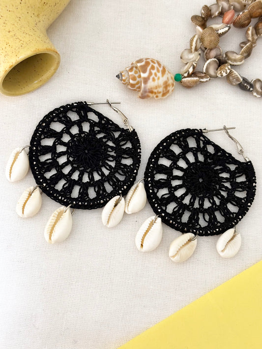 Handmade Black Crochet Cowrie Shell Hoop Earrings