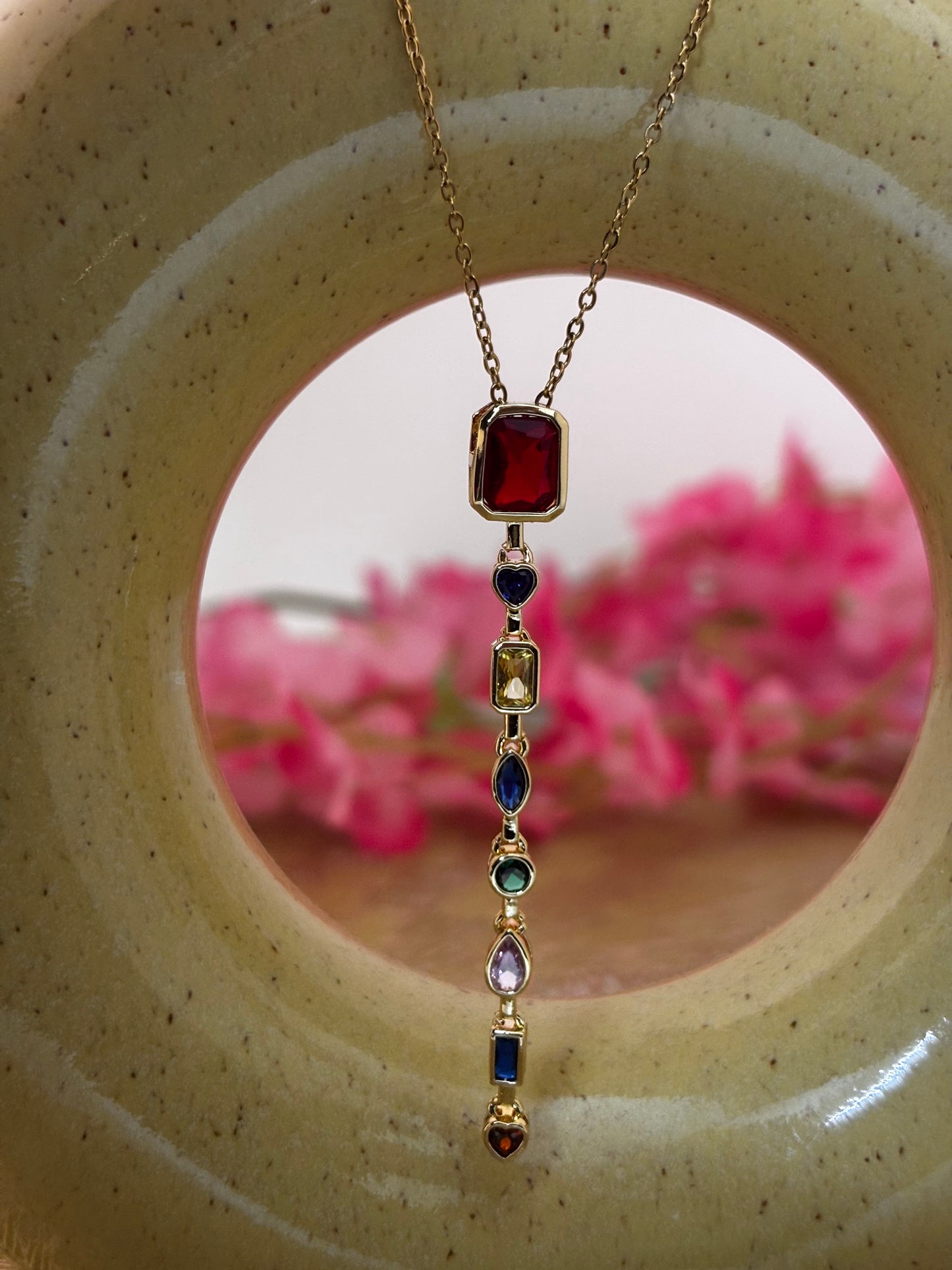 Golden Multicolor Stone Vertical Drop Necklace