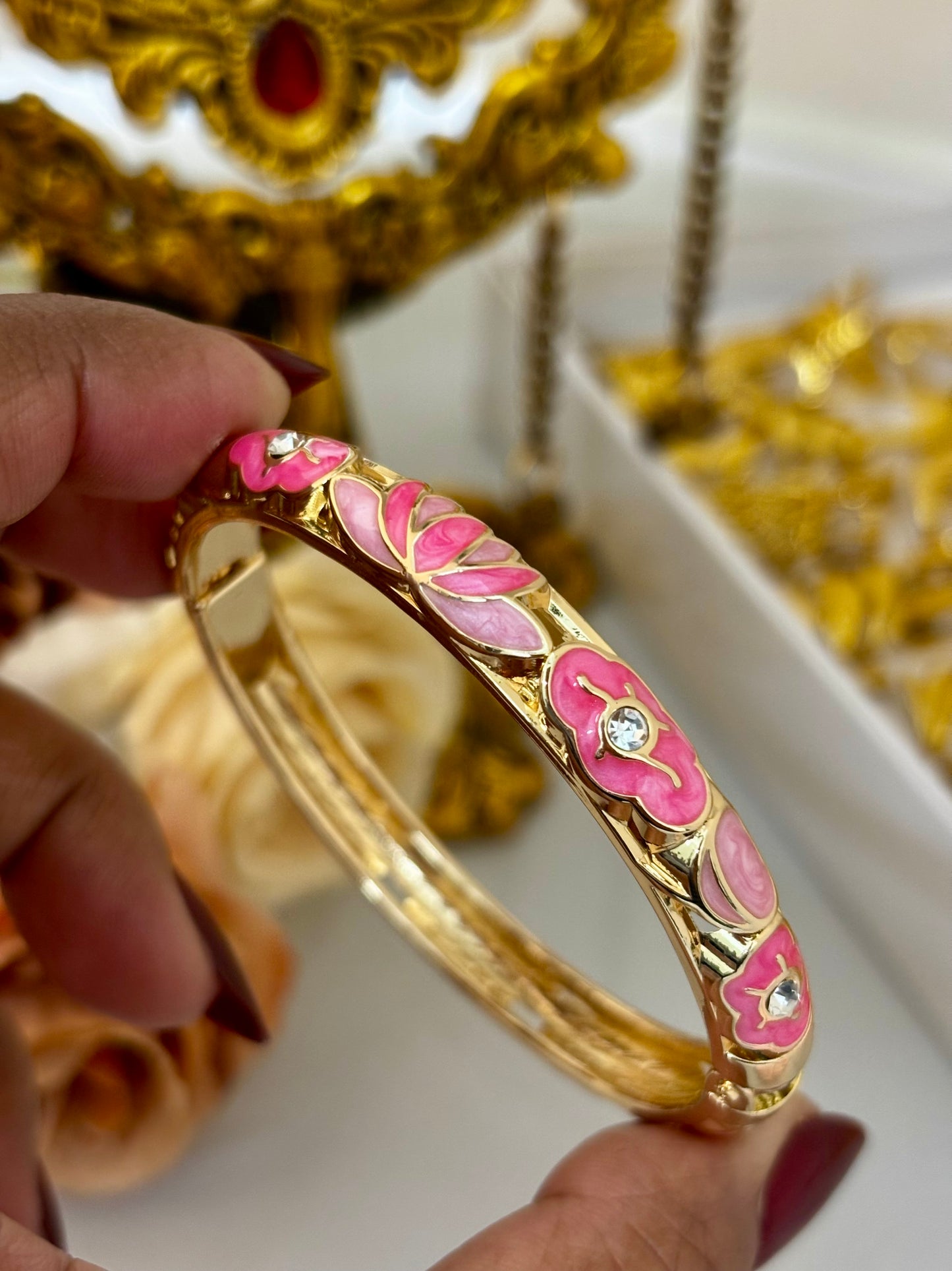 Pink Flower Meenakari Kada Bracelet