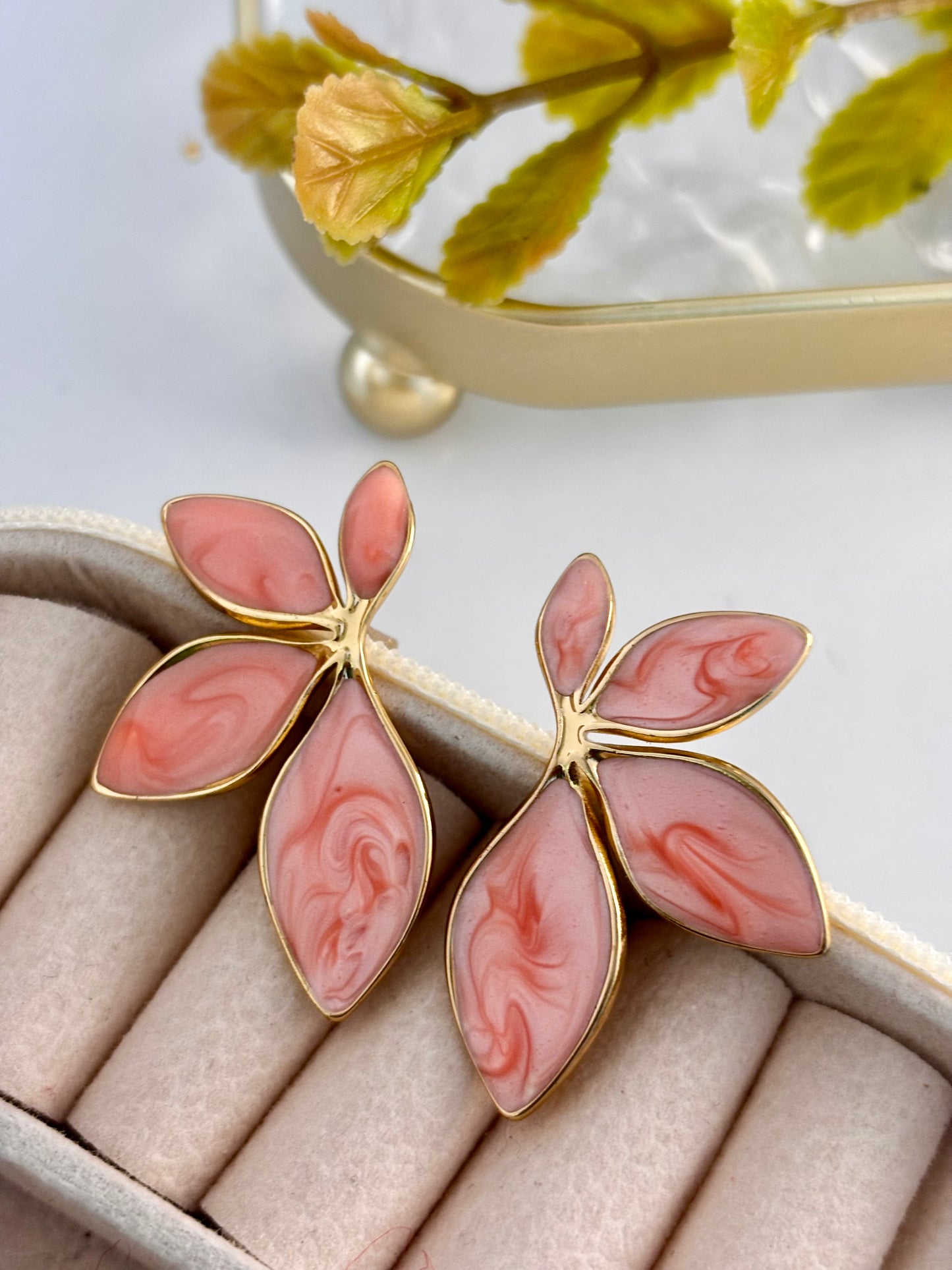 Pink Petal Marbled Statement Earrings | Anti Tarnish Gold Plated