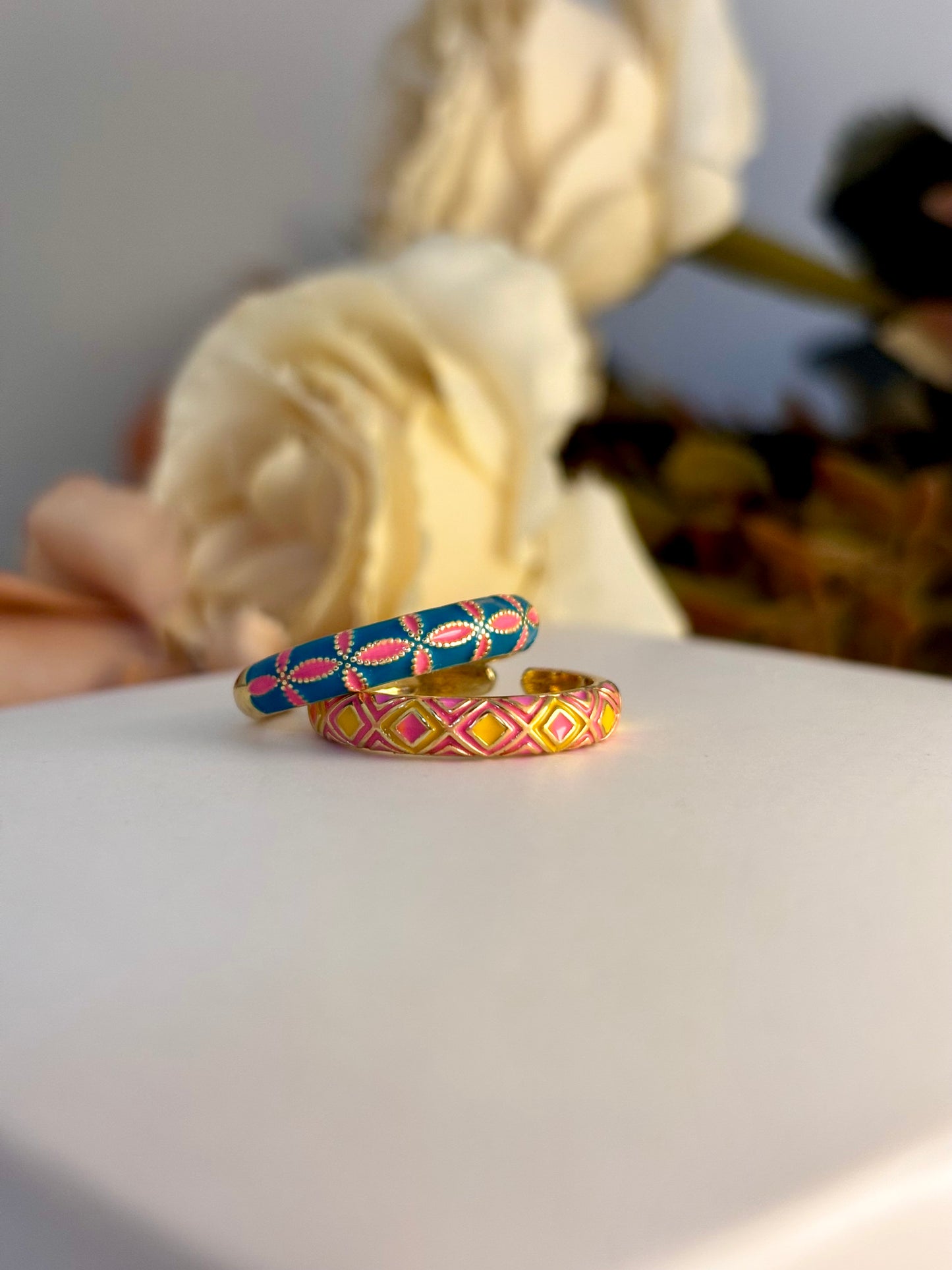 Mosaic Muse Duo Enamel Ring Set of 2 | Adjustable Base