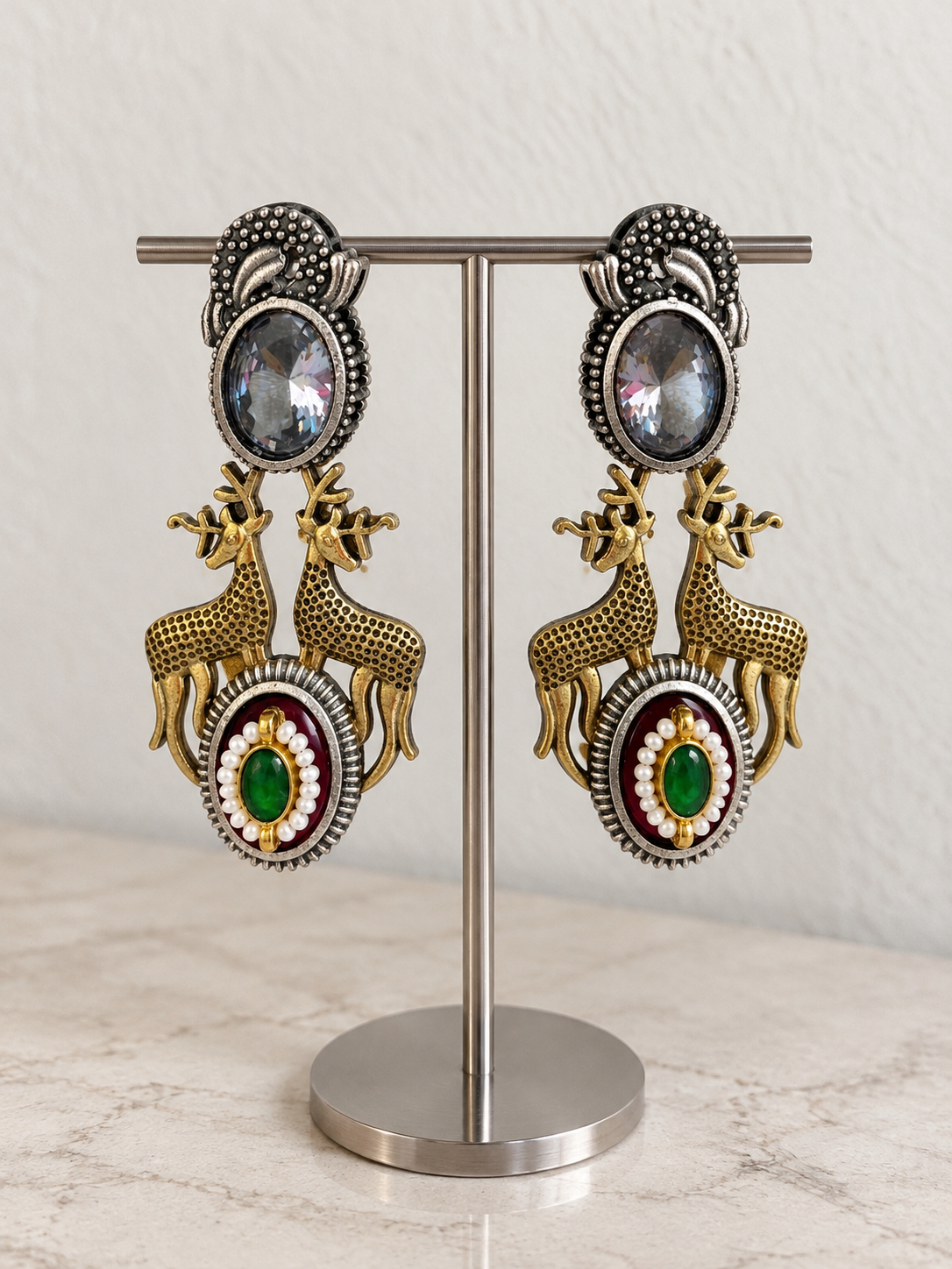 Mrignayani Silver Look Alike (White) | Deer Motifs | Pachi Kundan