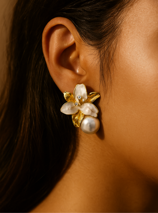 White Enamel Flower Pearl Earrings | Anti-Tarnish Gold Plated Studs