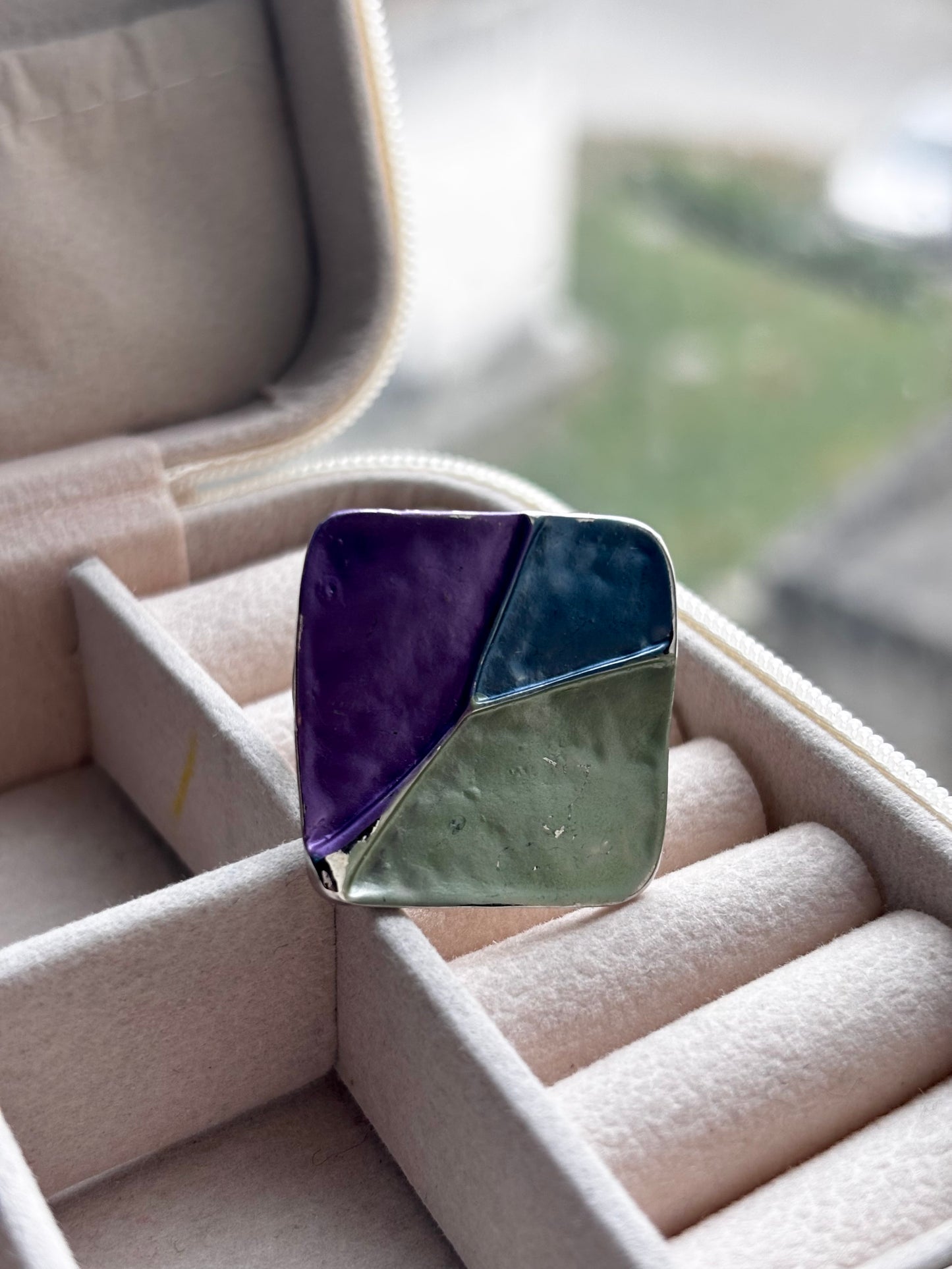 Adjustable Modern Art Square Enamel Statement Ring | Silver Base
