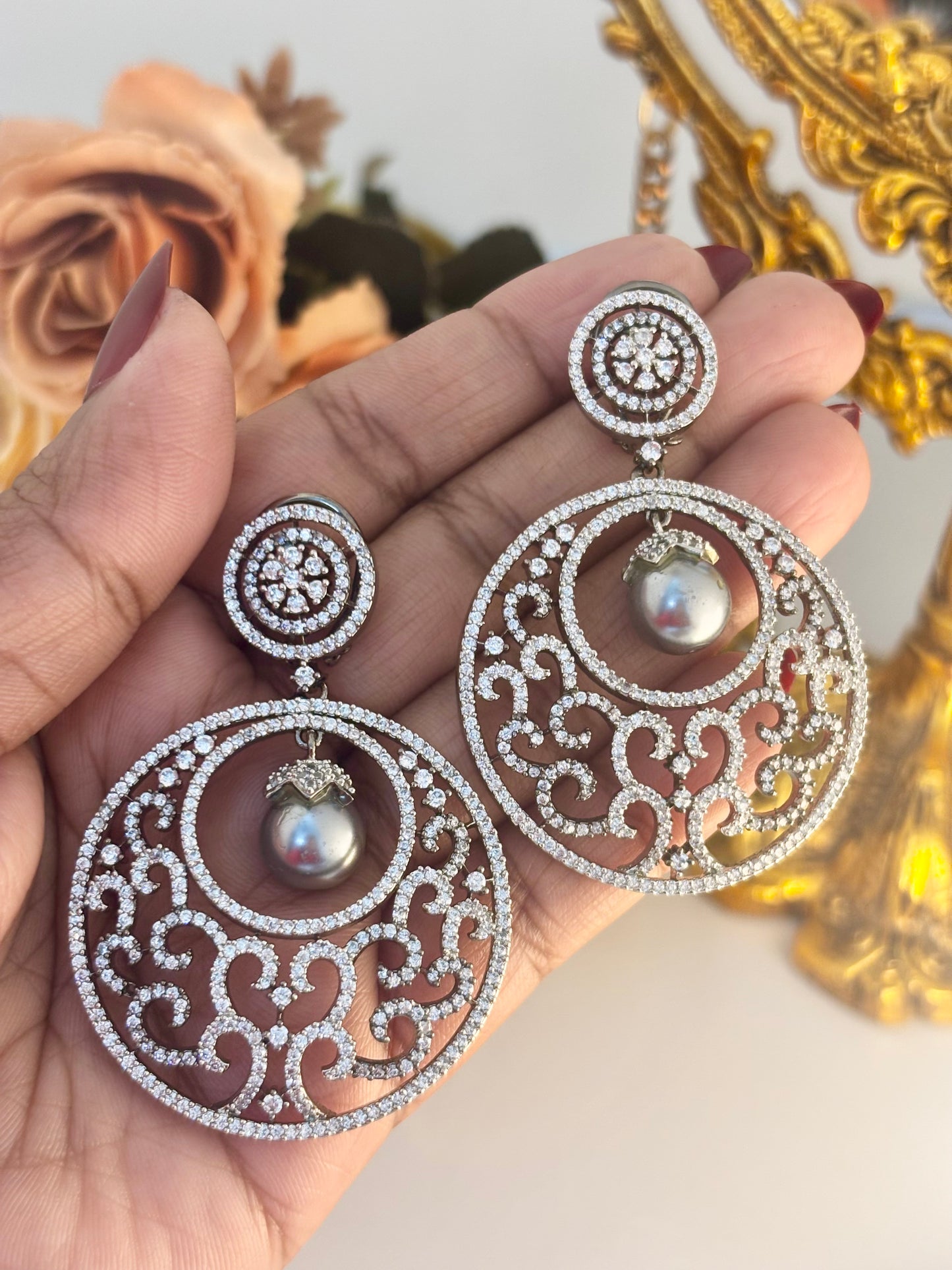 Victorian Style Ariessa AD and Pearl Earrings | Wedding & Party Wear