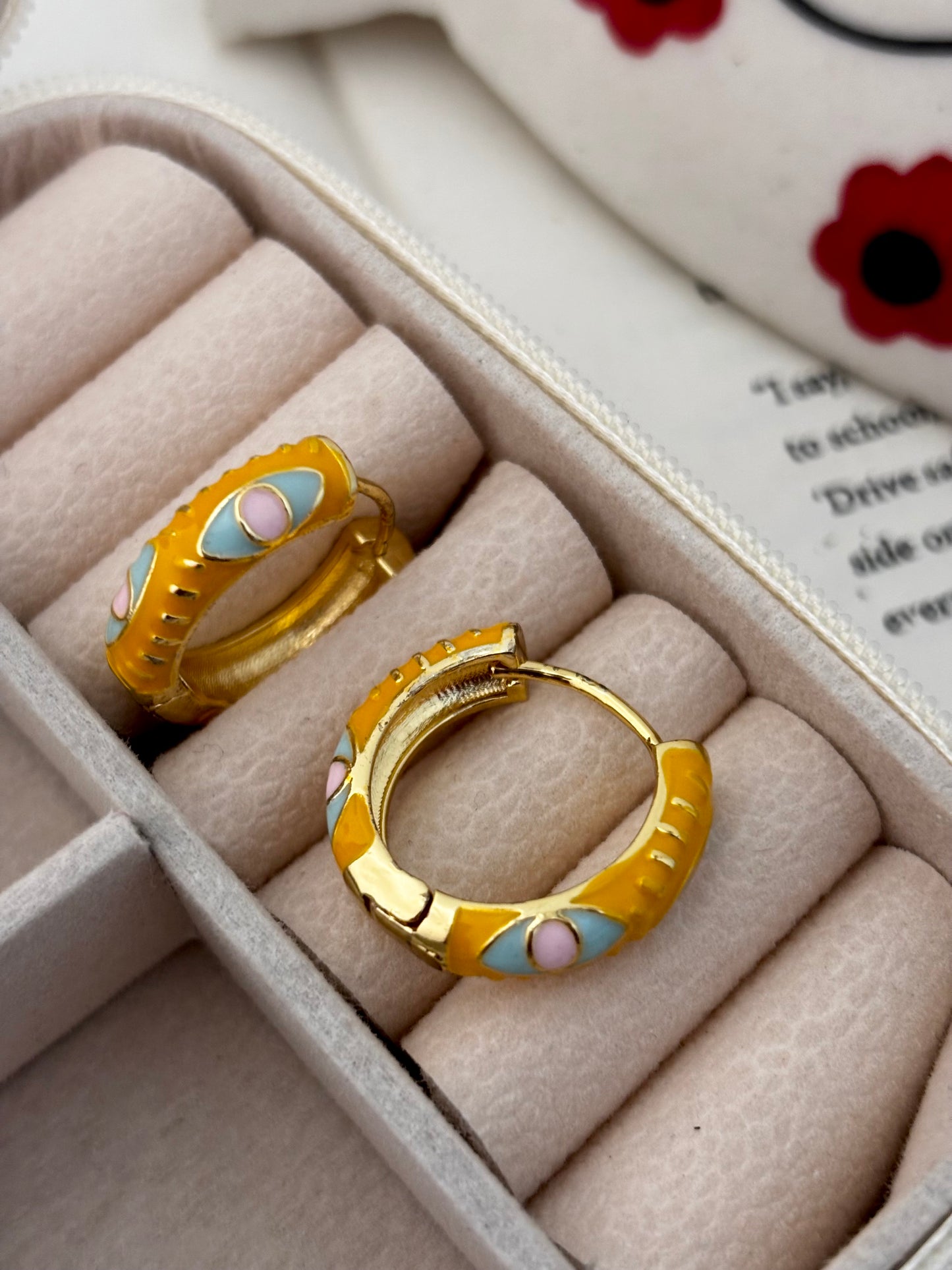 Set of 2 | Green-Yellow Enamel Huggie Hoops | Anti-Tarnish Gold Plated Meenakari Earrings