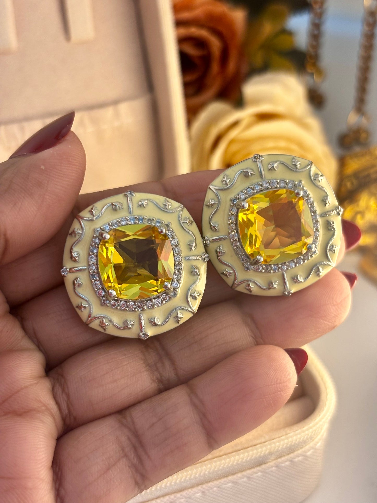Yellow Sapphire AD Studs | Wedding & Party Wear