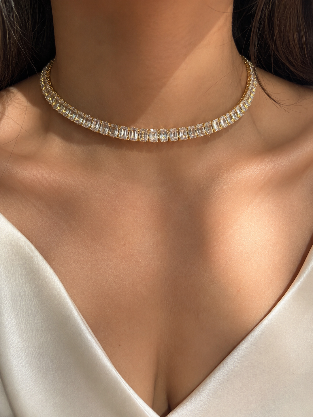 Golden Tennis Choker Necklace with Cubic Zirconia