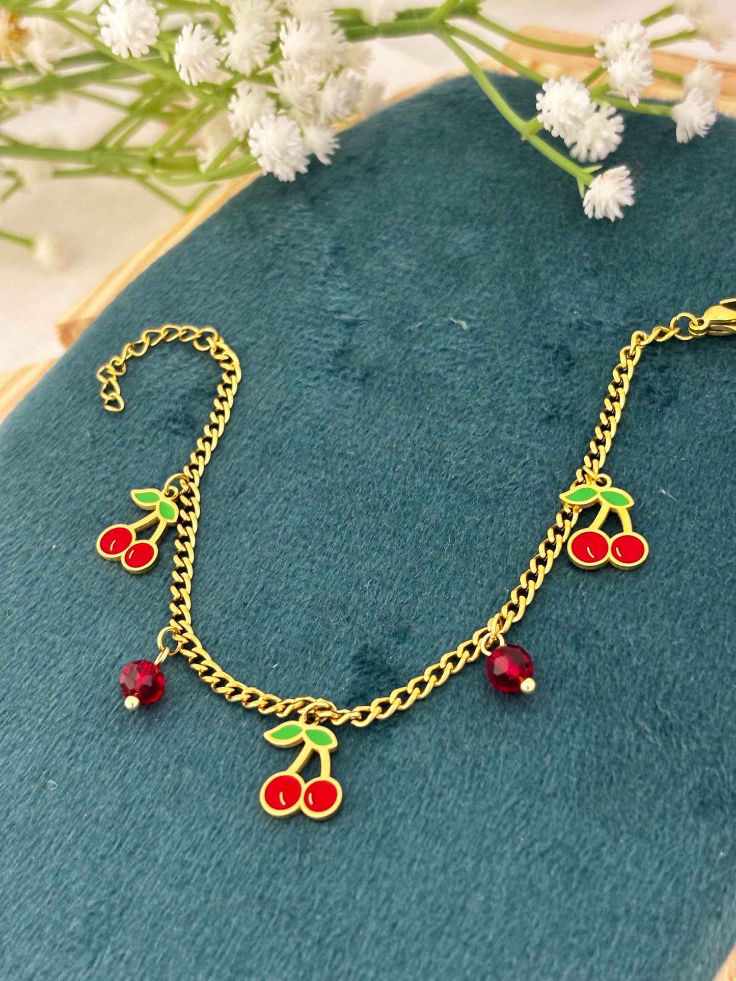 Gold-plated cherry charm bracelet with anti-tarnish protection