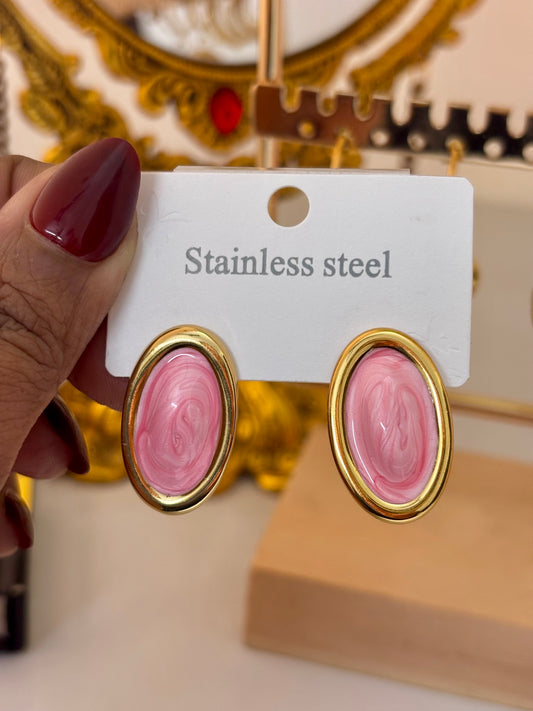 Blush Pink Oval Gold Plated Enamel Stud Earrings