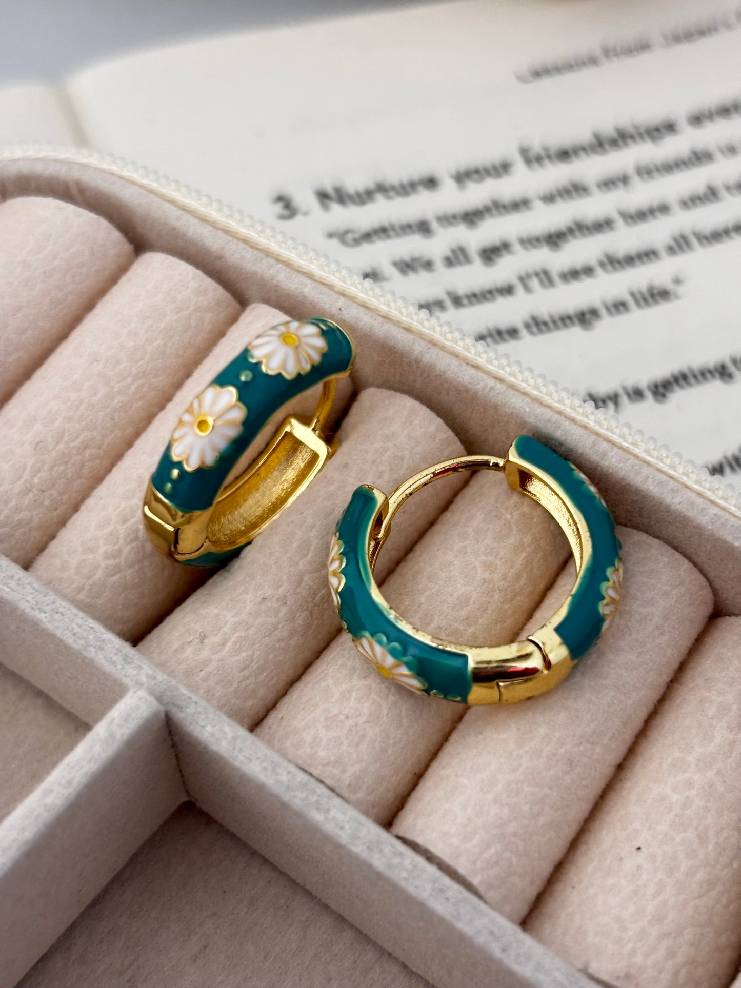 Set of 2 | Green-Pink Enamel Floral Huggie Hoops | Anti-Tarnish Gold Plated Meenakari Earrings