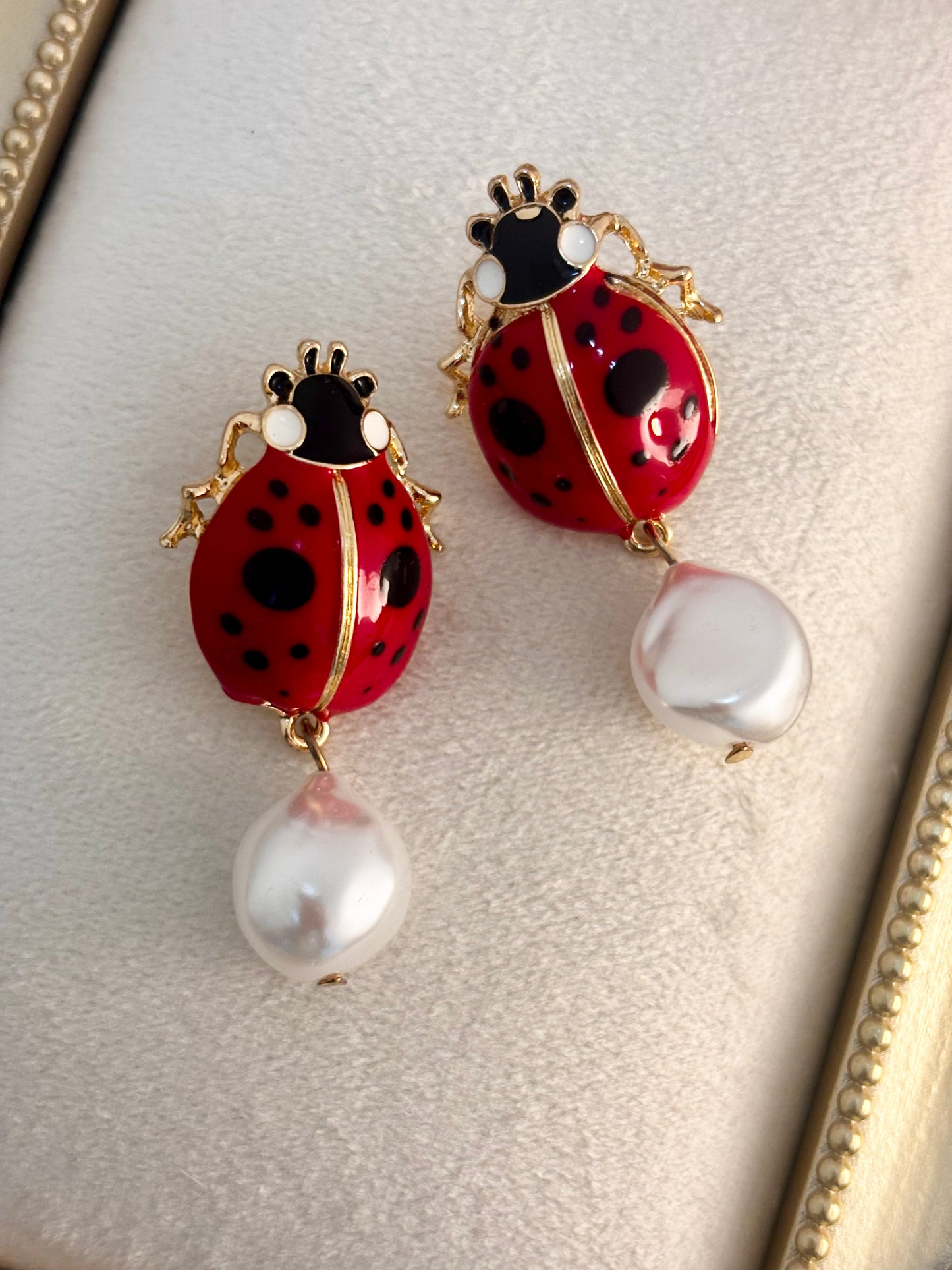 Ladybug with Pearls Statement Earrings