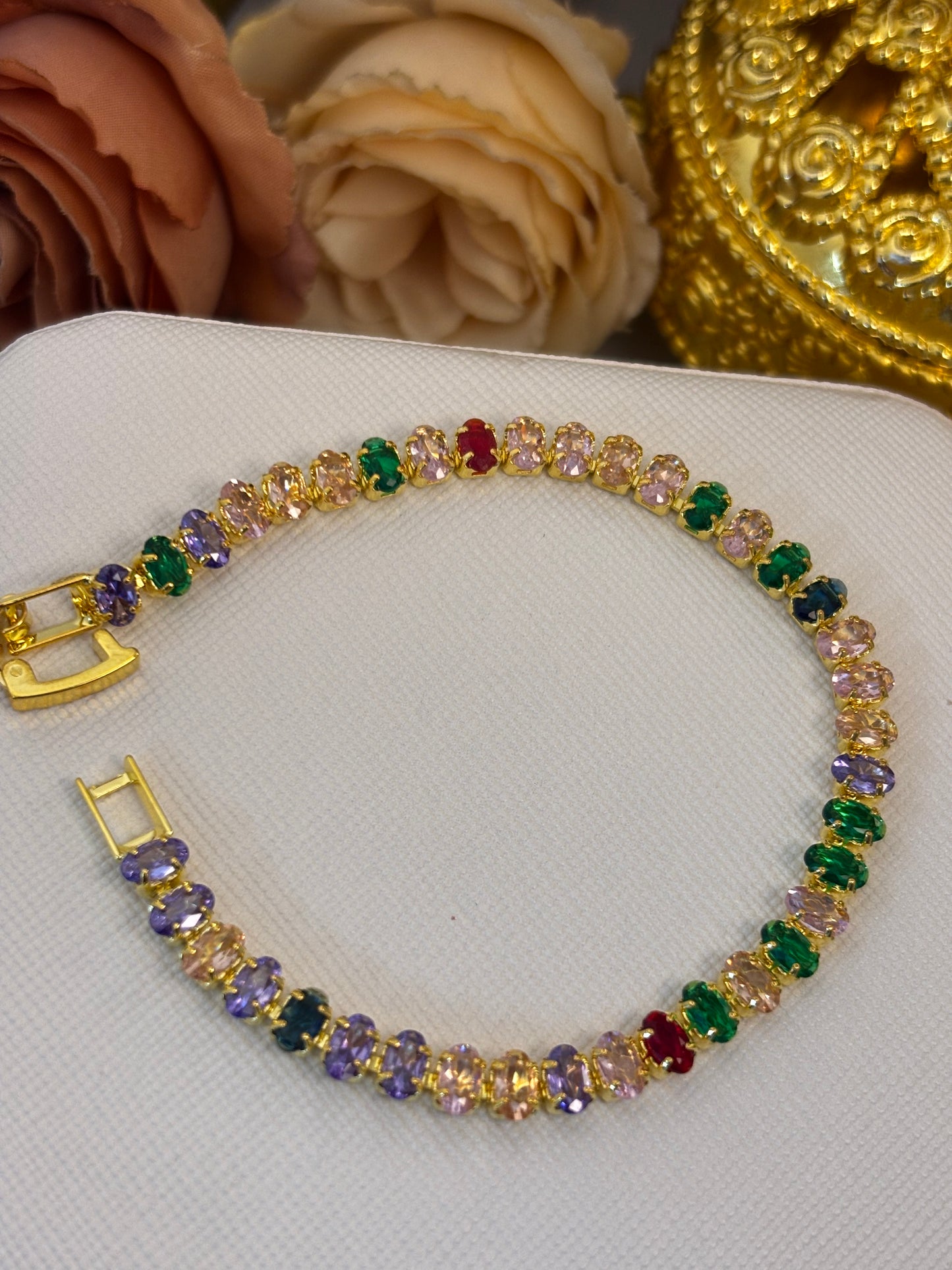 Multicoloured Oval Cut CZ Gold Tennis  Bracelet