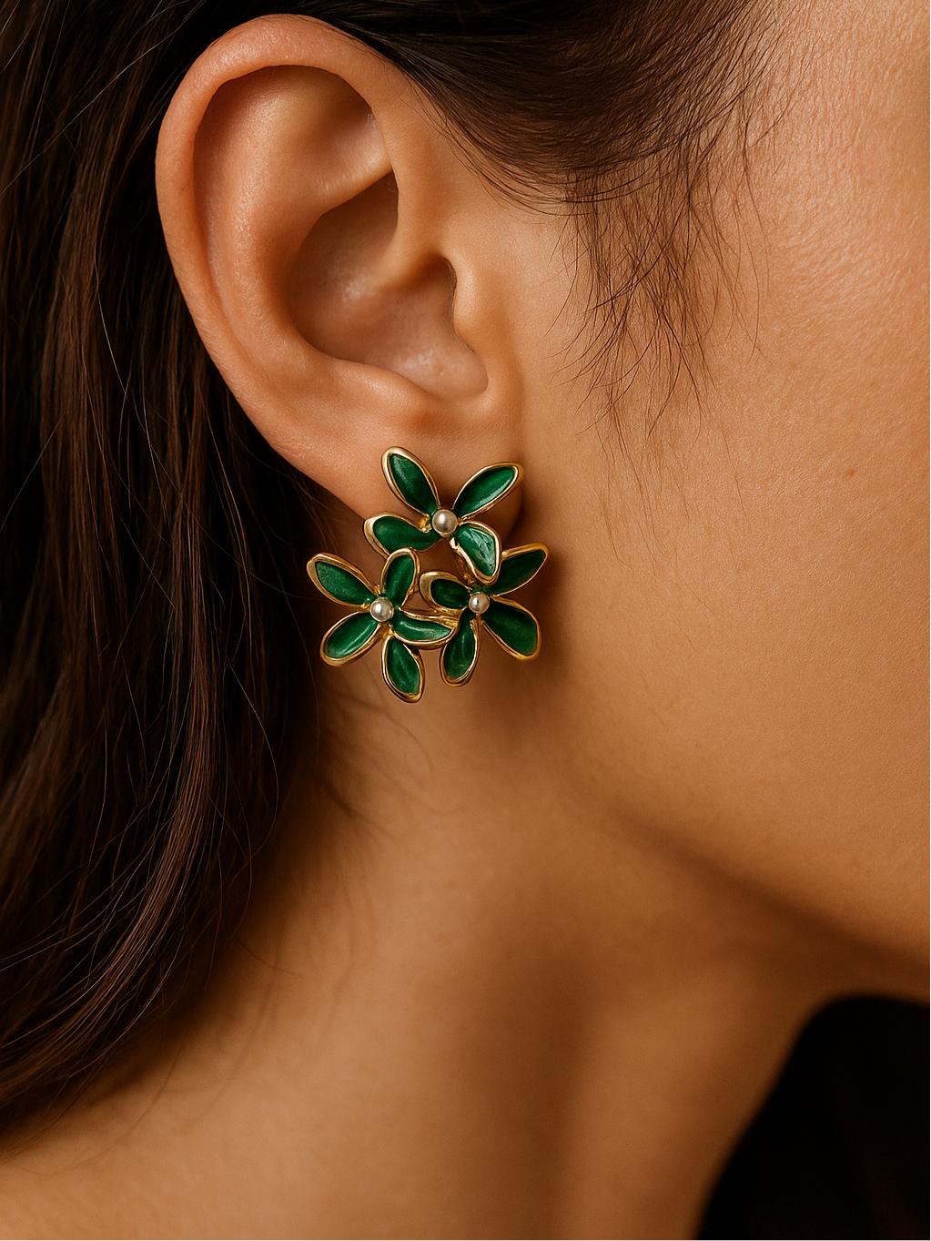 Green Enamel Flower Cluster Earrings