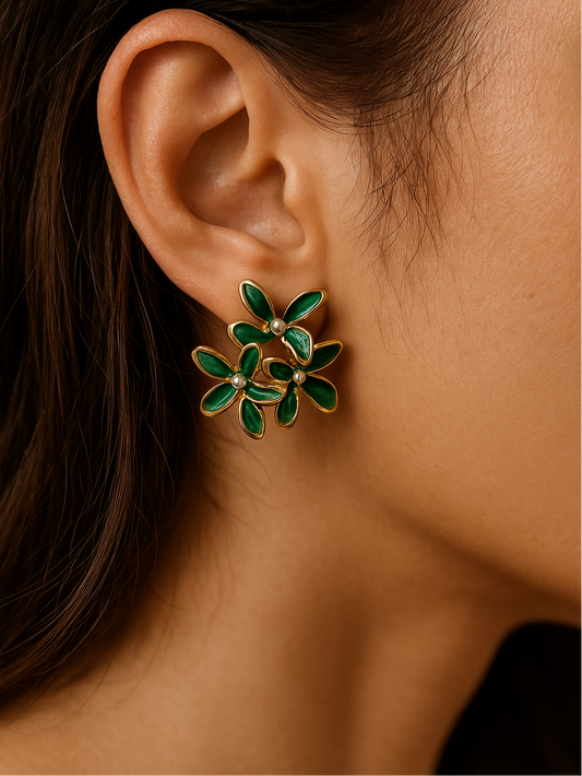 Green Enamel Flower Cluster Earrings