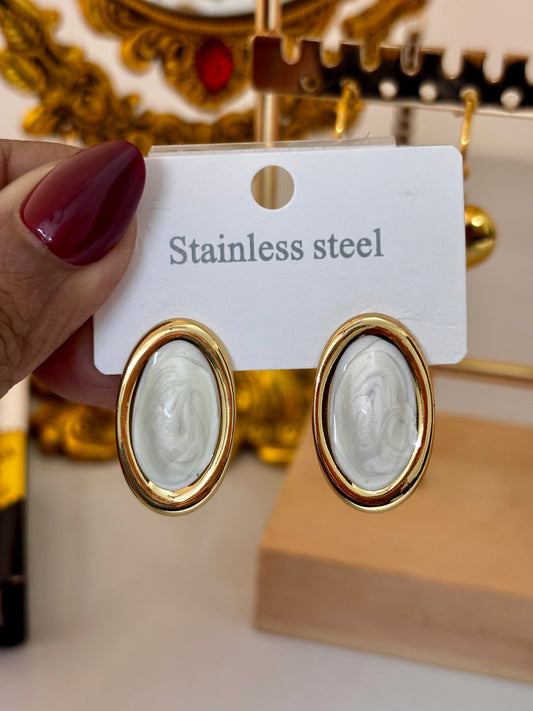 Classic White Oval Gold Plated Enamel Stud Earrings