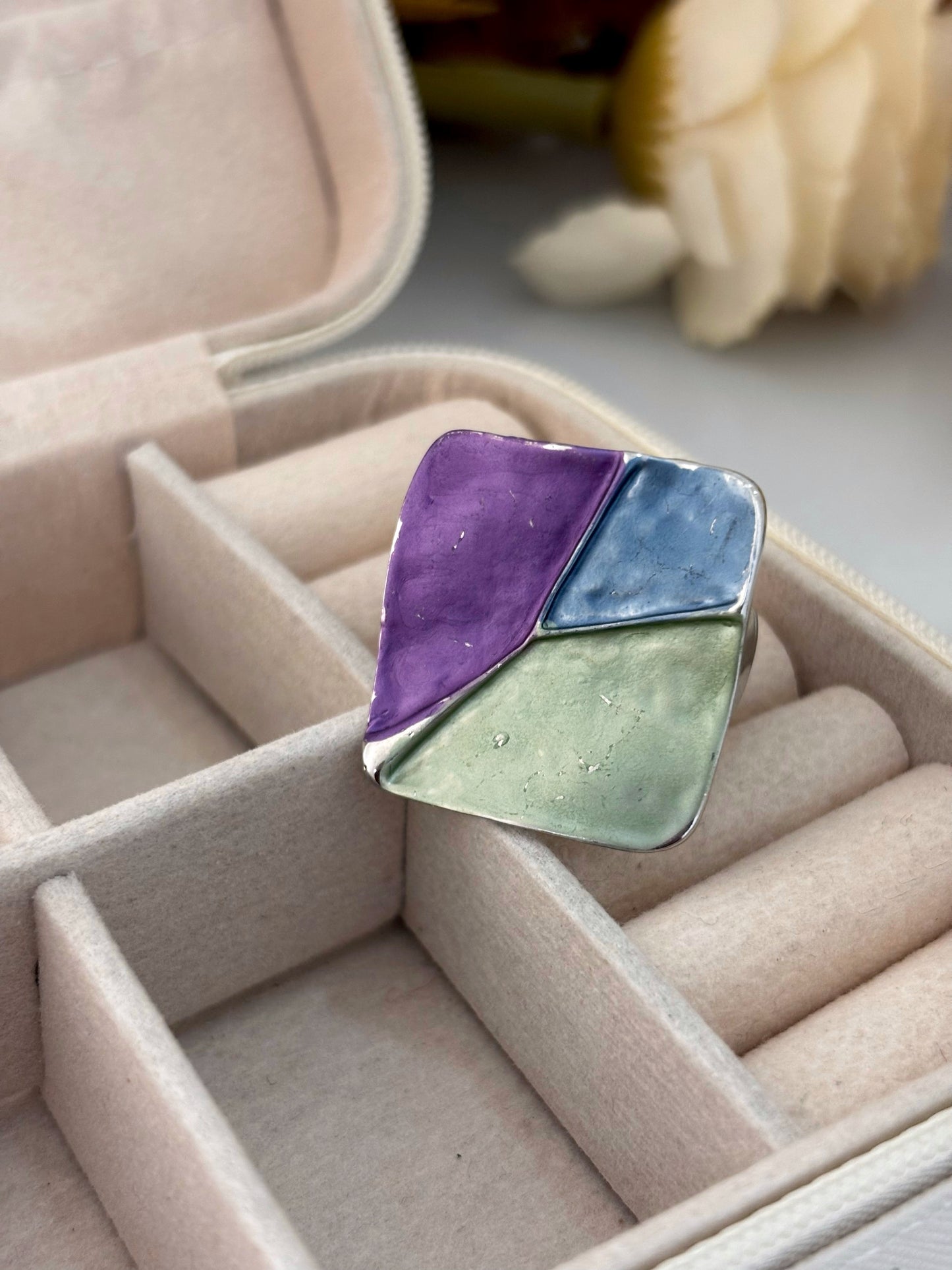 Adjustable Modern Art Square Enamel Statement Ring | Silver Base