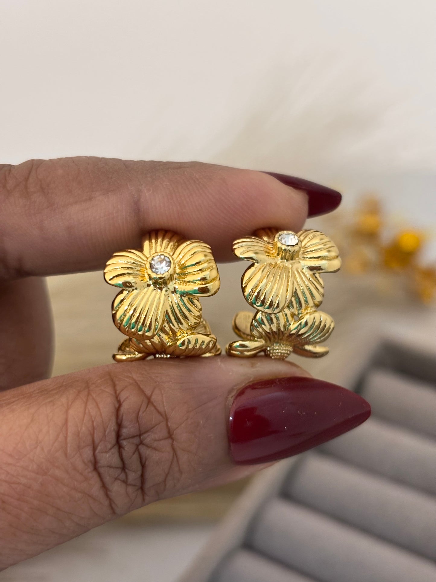 Golden Floral Huggie Hoops | Anti Tarnish Gold Plated