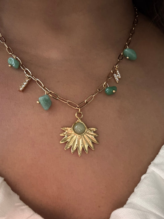 Gold plated necklace with green beads and sunflower charm | Pinteresty Necklace 