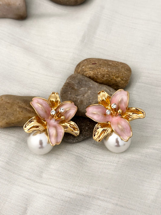 Pink Enamel Flower Pearl Earrings | Anti-Tarnish Gold Plated Studs