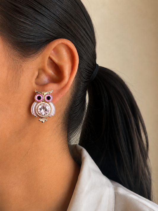 Lucky Owl Earrings for Women |Gold Plated Zircon Enamel Earrings