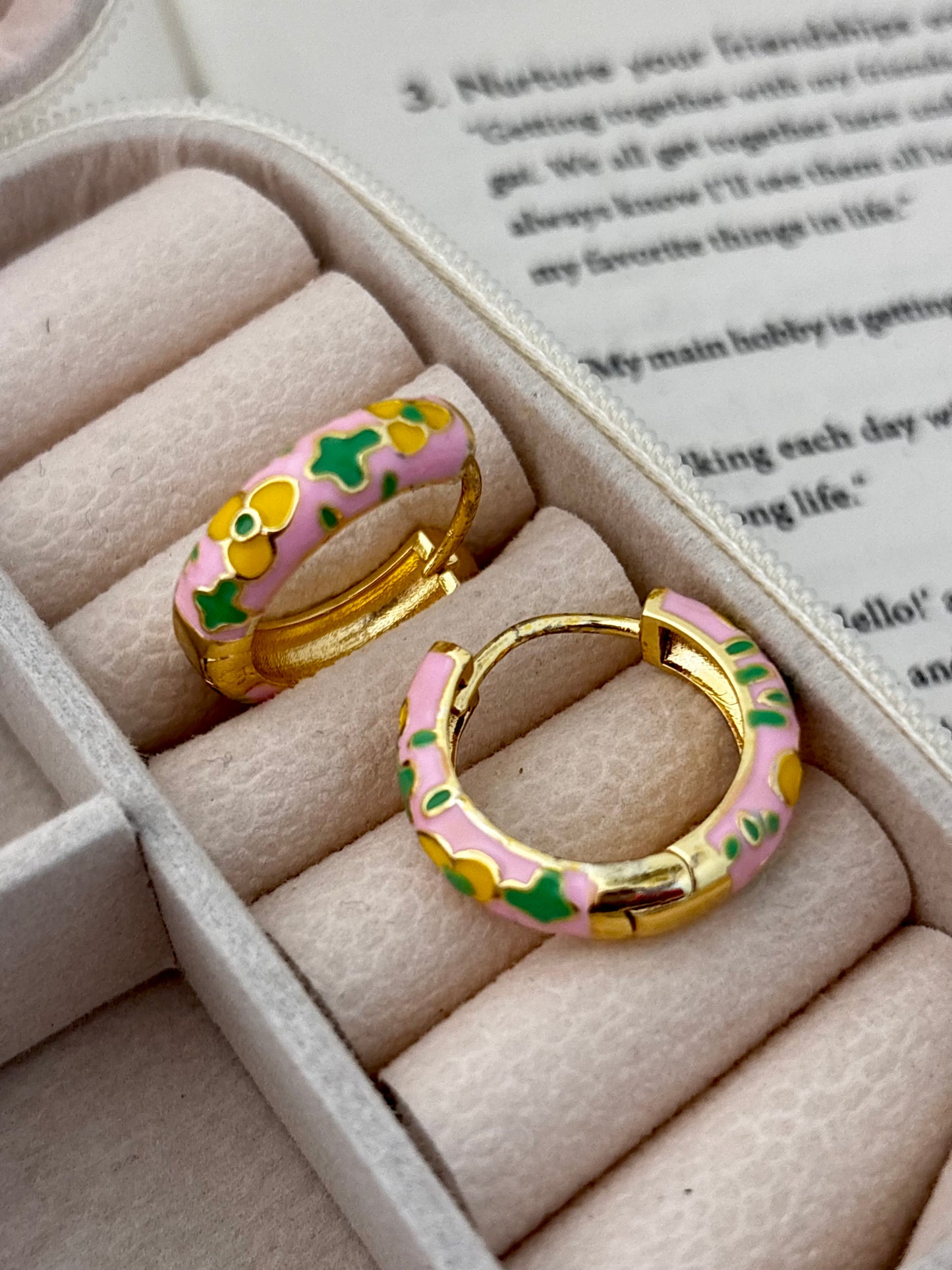 Set of 2 | Green-Pink Enamel Floral Huggie Hoops | Anti-Tarnish Gold Plated Meenakari Earrings