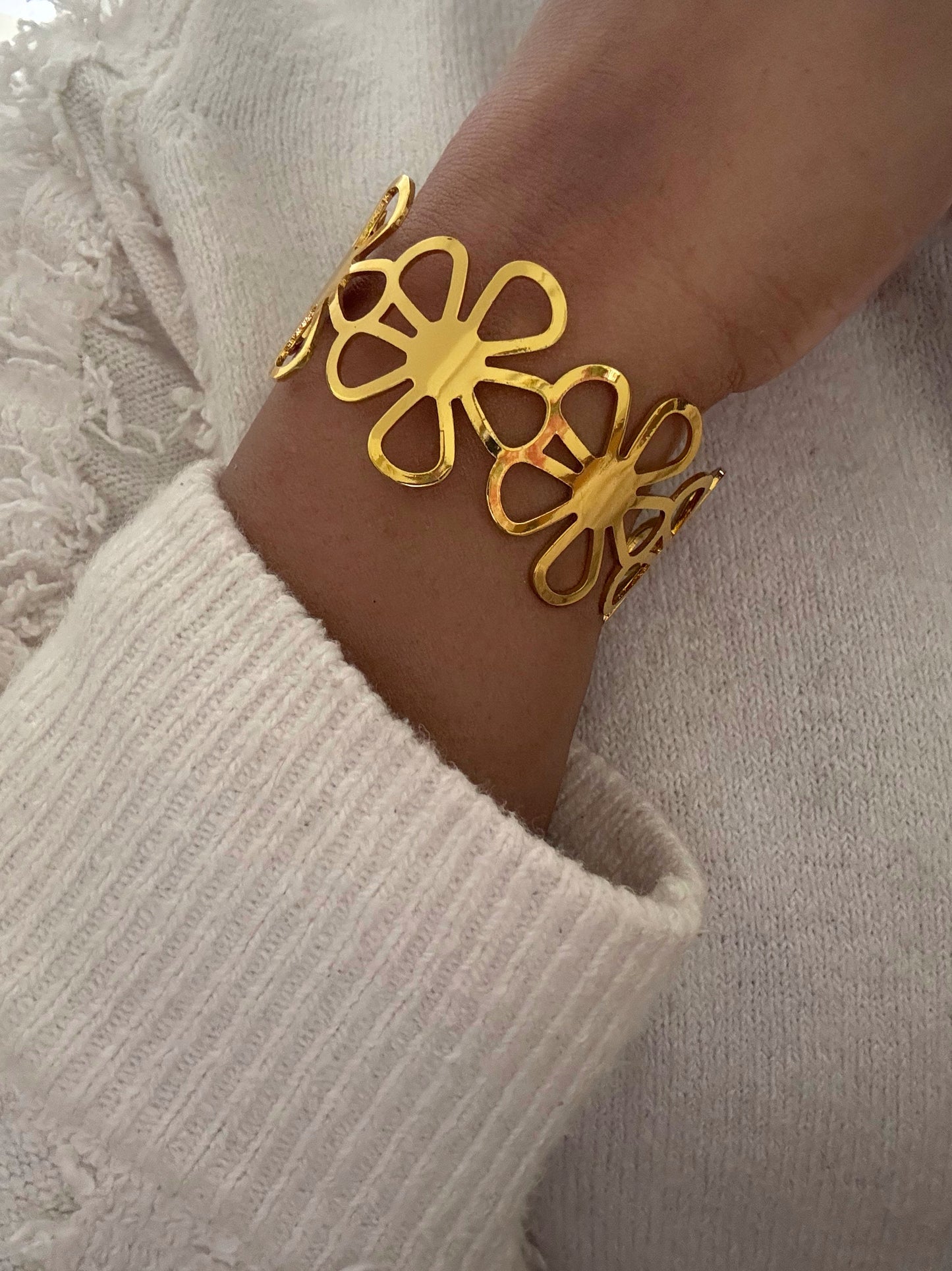 Adjustable Golden Floral Cuff Statement Bracelet for Women