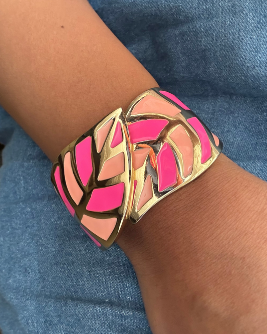 Pink and Peach Enamel Mosaic Gold Cuff Bracelet