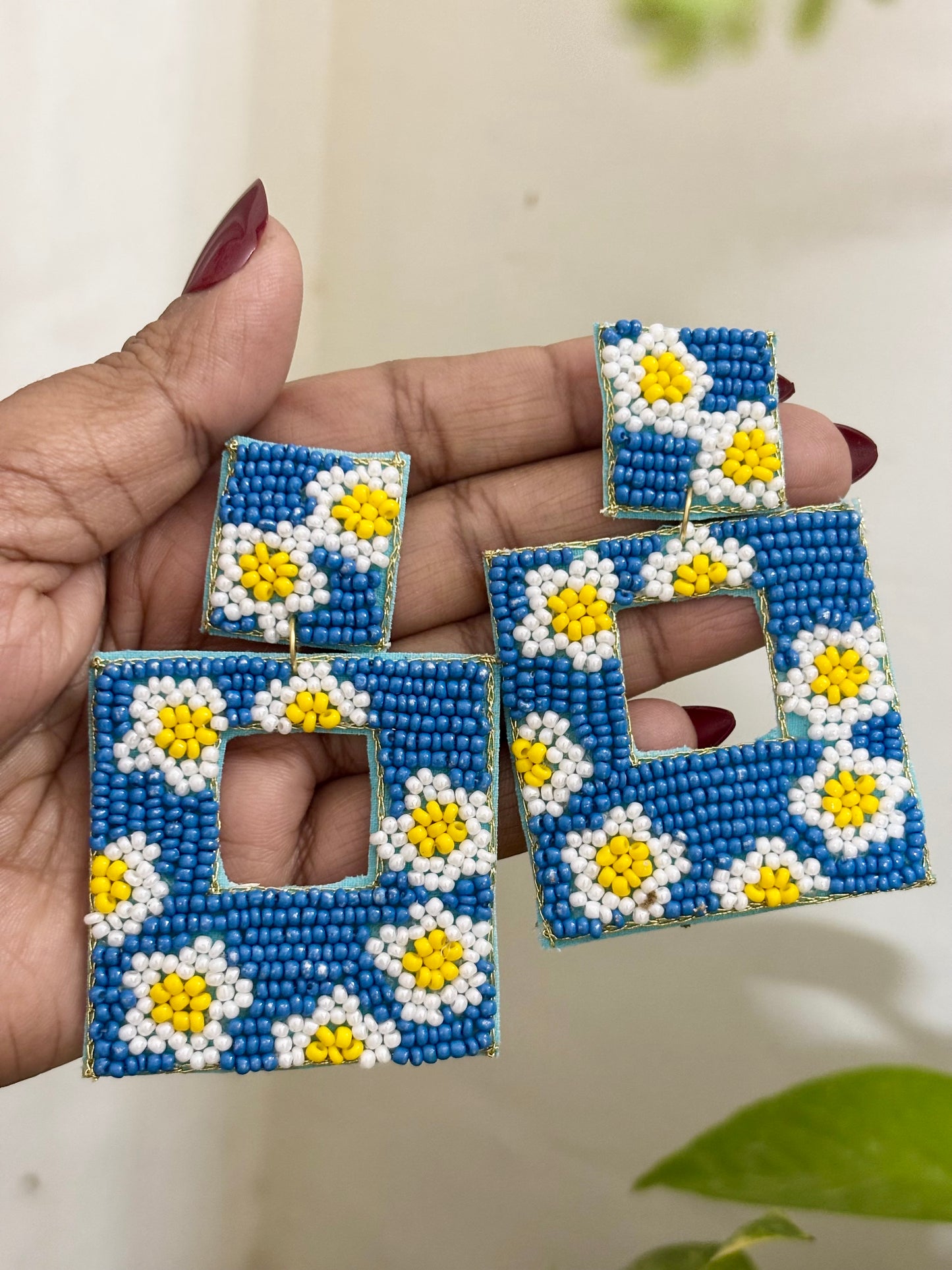 Blue Checkered Handmade Earrings