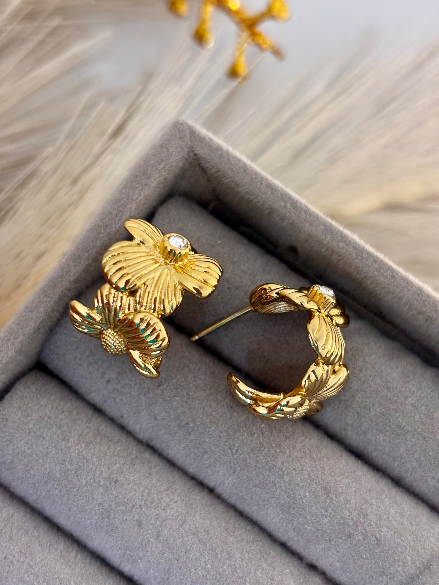 Golden Floral Huggie Hoops | Anti Tarnish Gold Plated