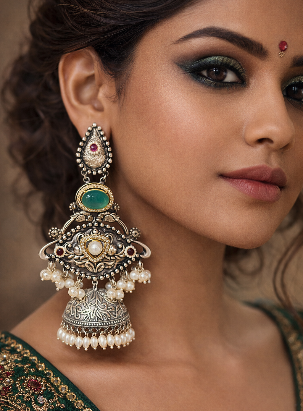 Silver Look Alike Long Jhumka Earrings for Women - Pachi Kundan and Mossanite Stones 