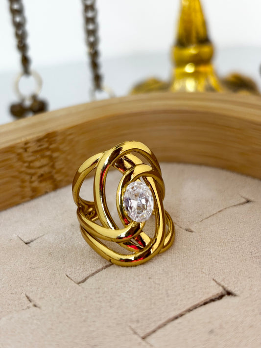 Oval Solitaire Interlinked Gold Ring for Women | Anti Tarnish Gold Plated Ring