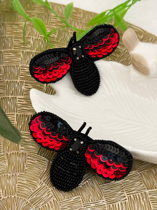 Handmade Black Red Moth Beaded Statement Earrings