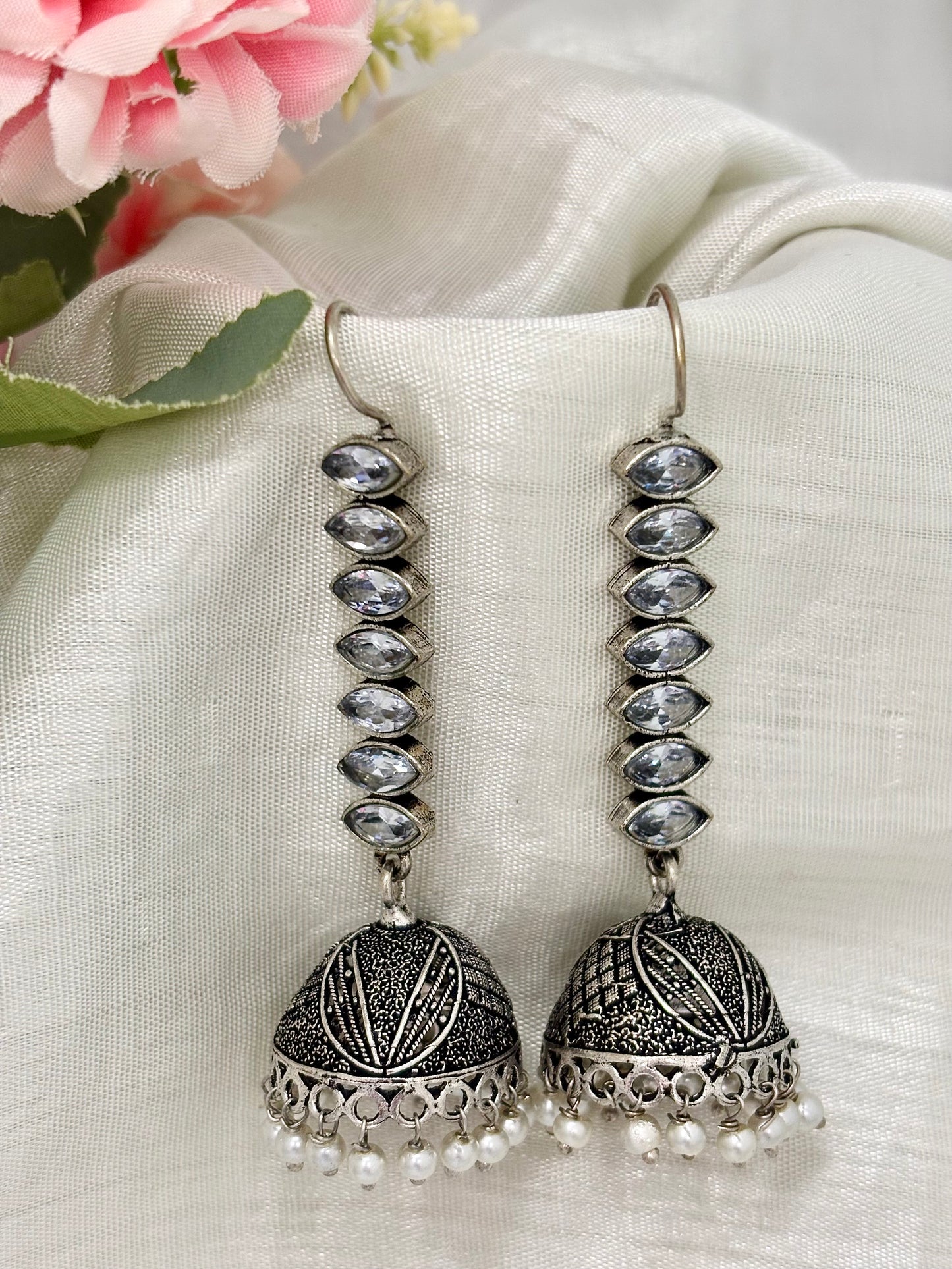 Zia Silver Jhumkas (White)
